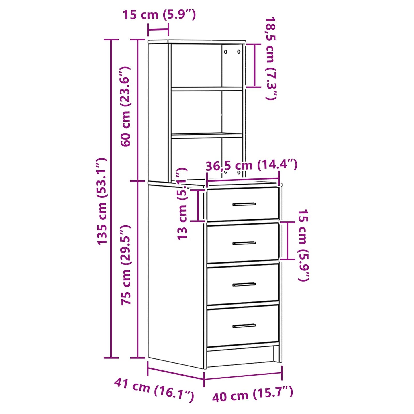 Hochboard Betongrau 40 x 41 x 135 cm Holzwerkstoff