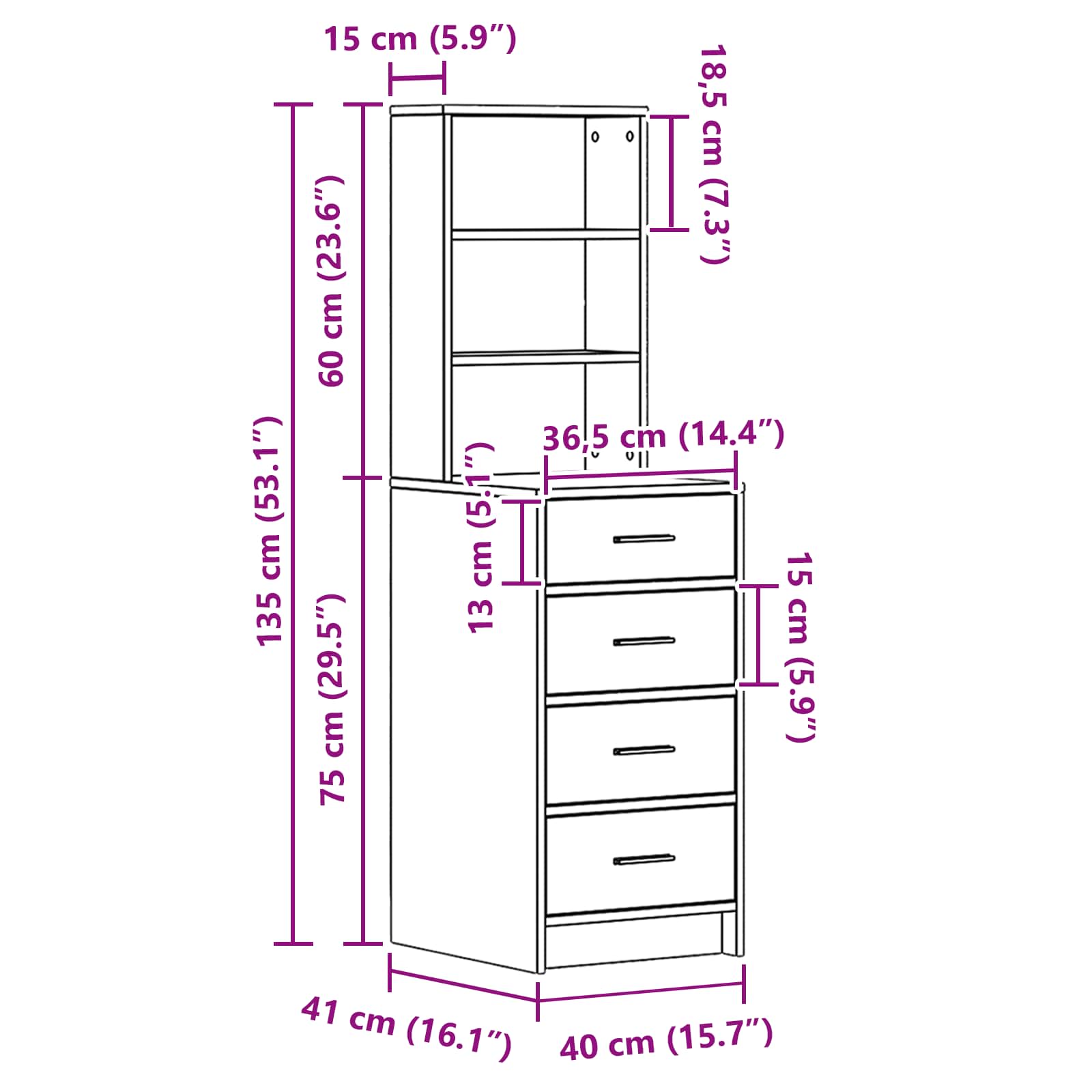 Hochboard Betongrau 40 x 41 x 135 cm Holzwerkstoff