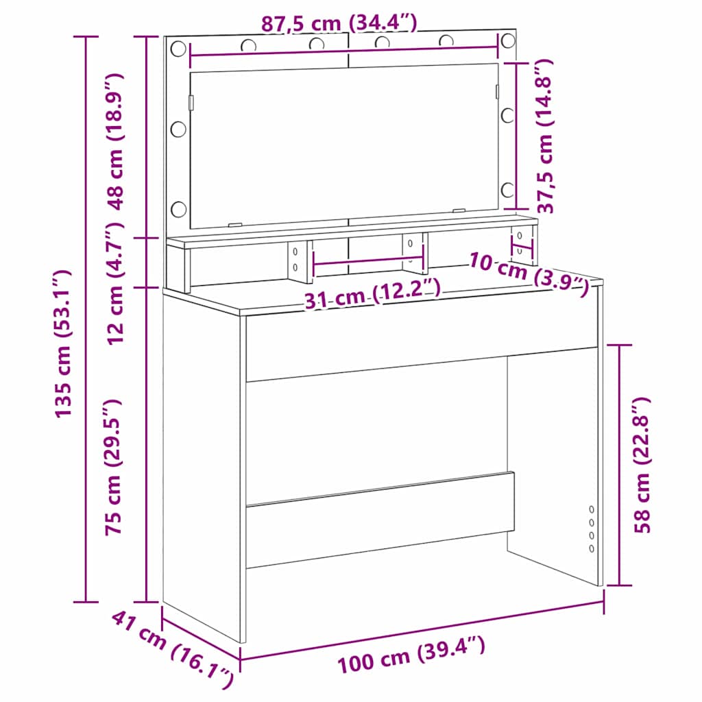 Schminktisch Schwarz Eichen-Optik 100 x 41 x 135 cm