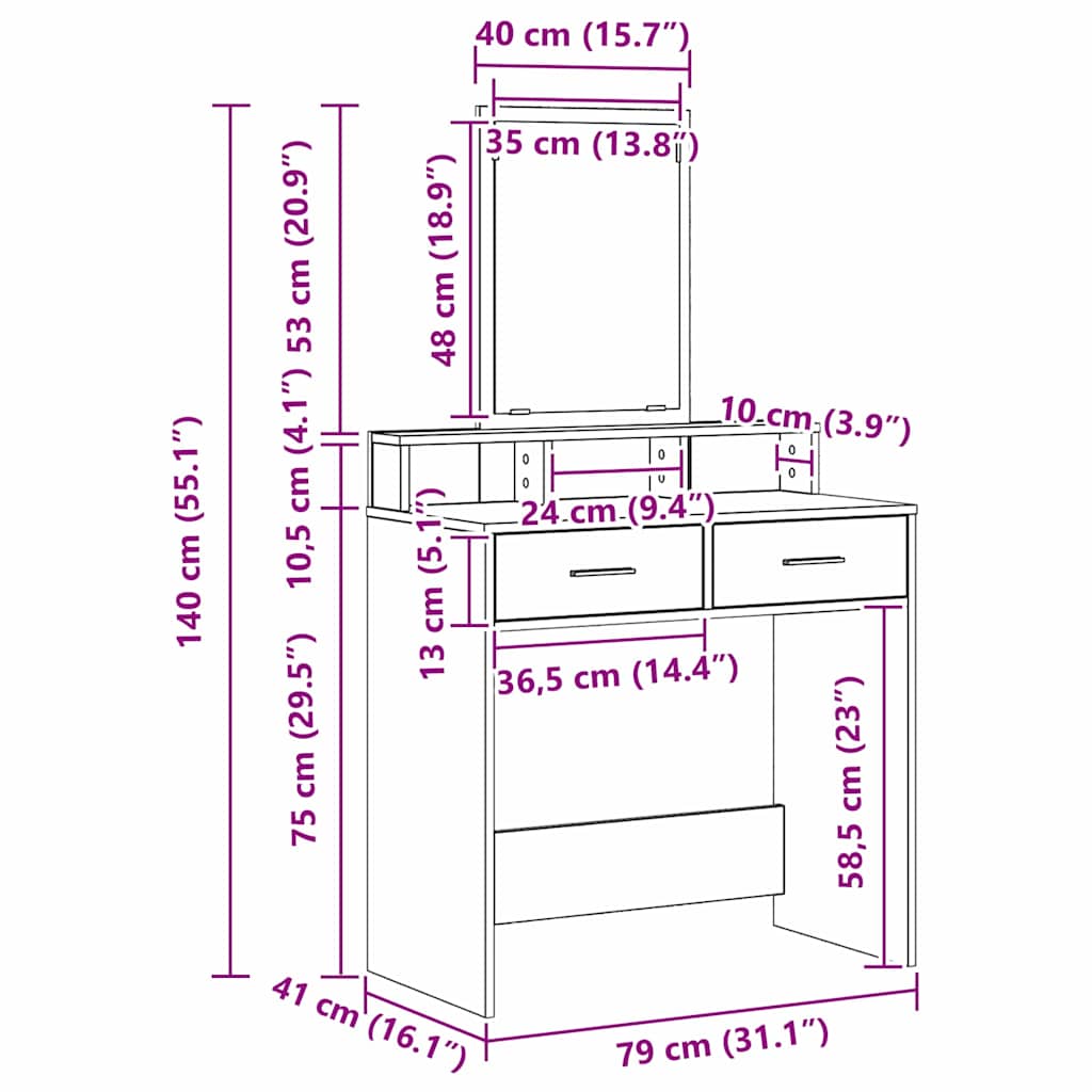 Schminktisch Graues Sonoma 79 x 41 x 140 cm Holzwerkstoff