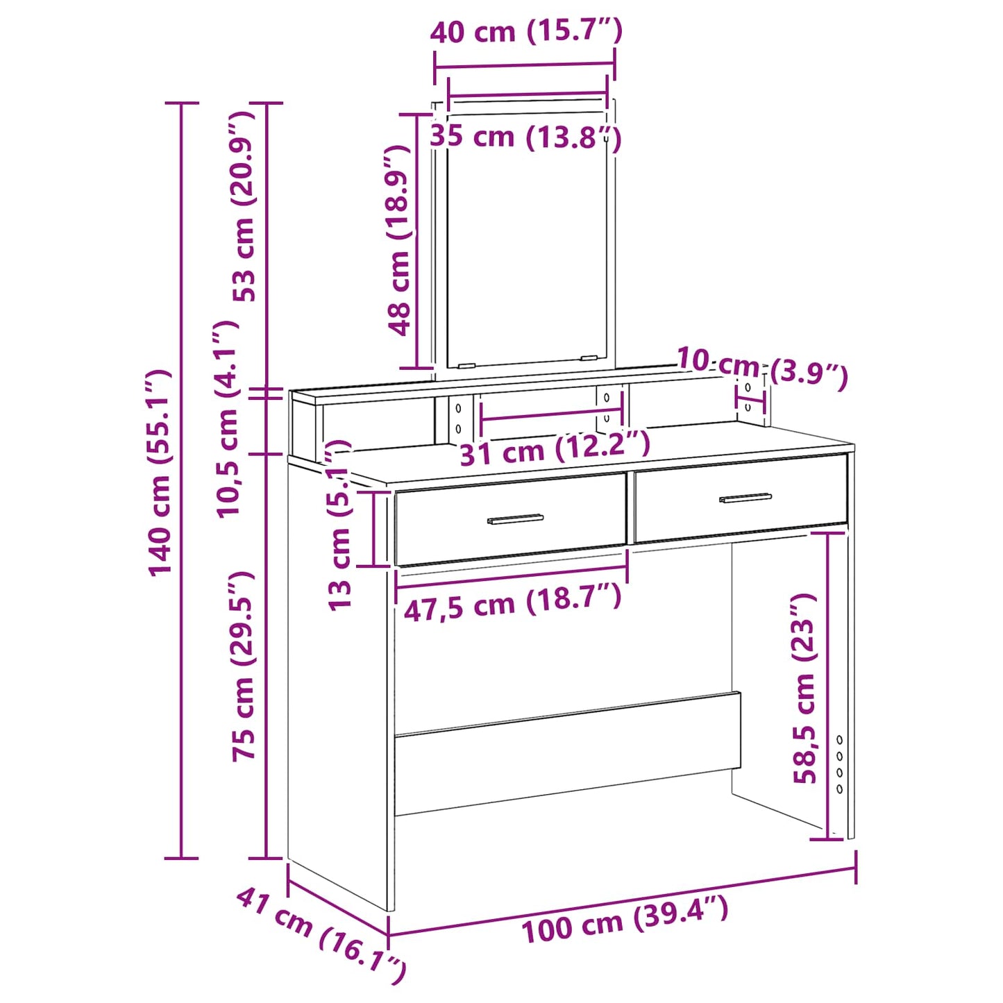 Schminktisch Beton Grau 100 x 41 x 140 cm Holzwerkstoff