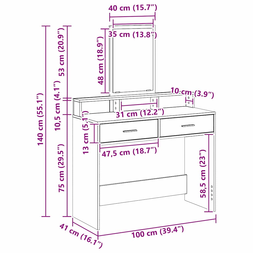 Schminktisch Graues Sonoma 100 x 41 x 140 cm Holzwerkstoff