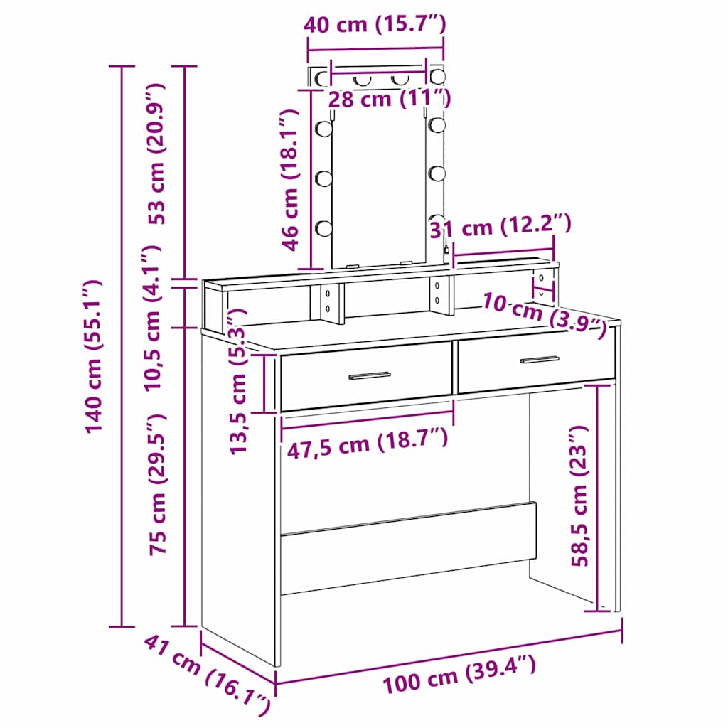 Schminktisch Grau 100 x 41 x 140 cm Holzwerkstoff