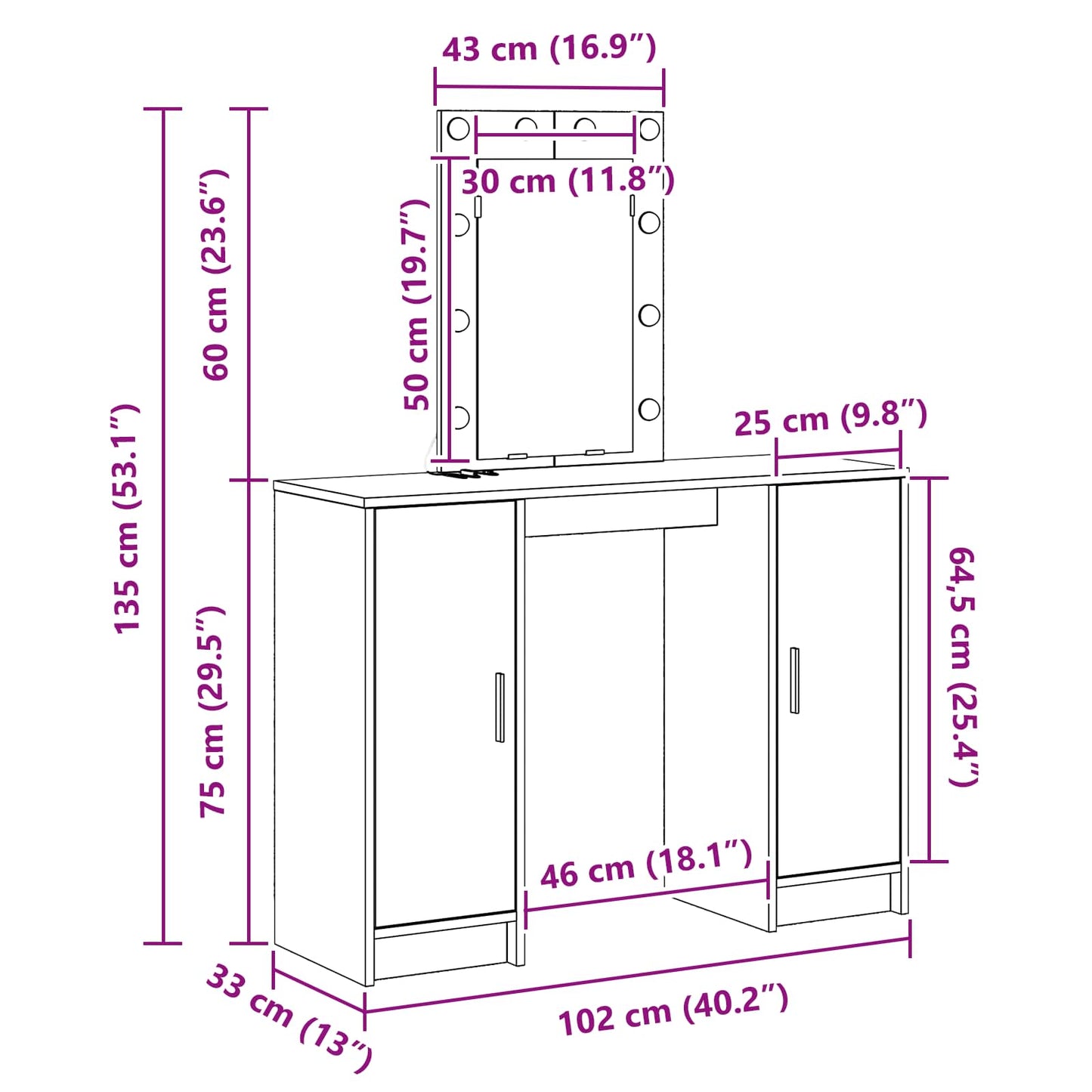 Schminktisch Weiß 102 x 33 x 135 cm Holzwerkstoff