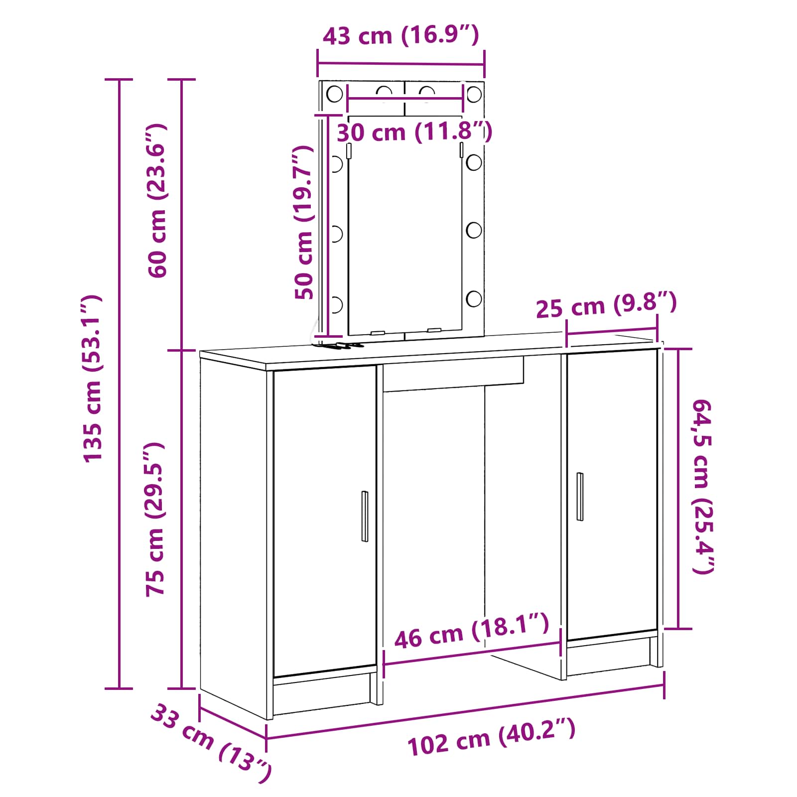 Schminktisch Weiß 102 x 33 x 135 cm Holzwerkstoff