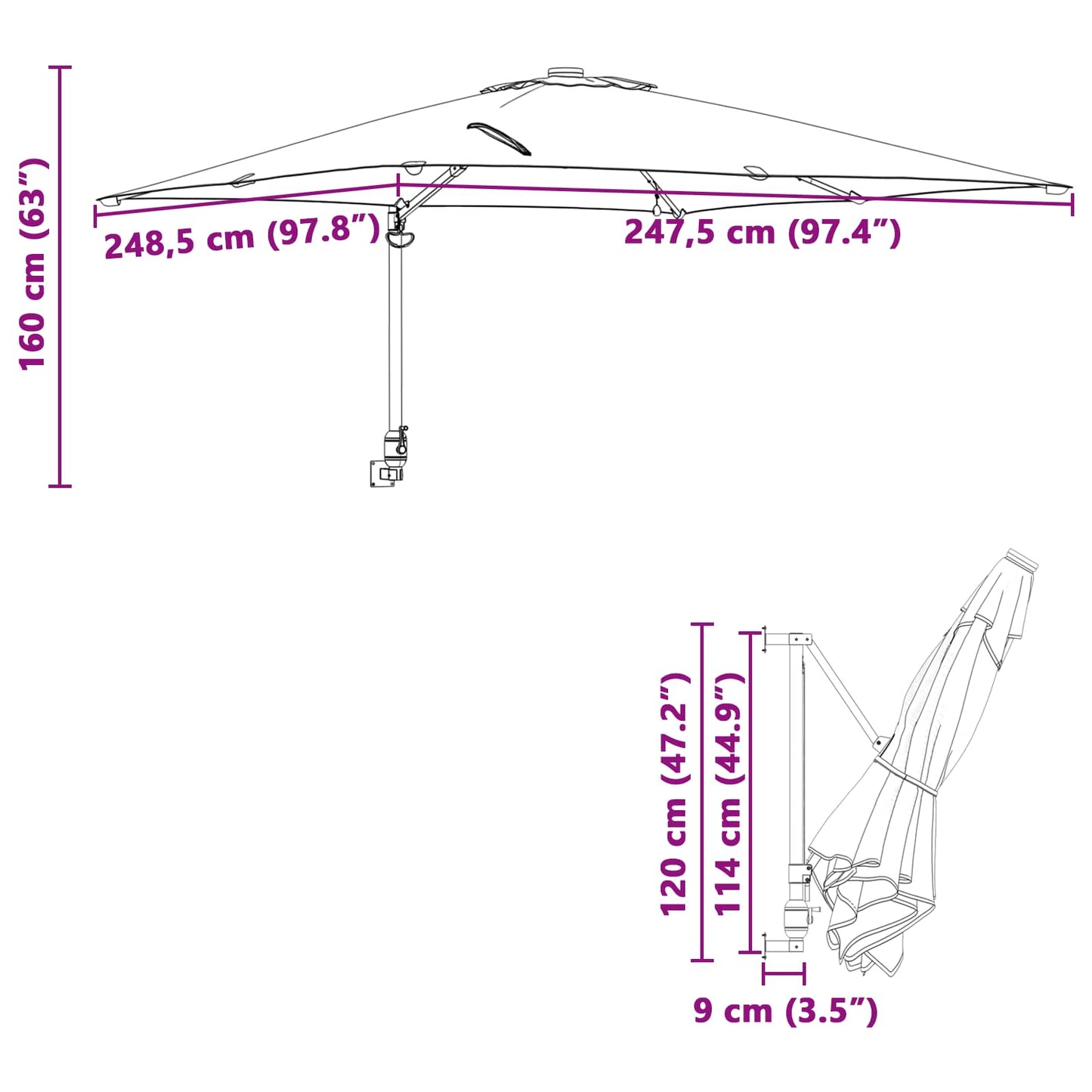 Garten-Sonnenschirm Schwarz 248,5 x 247,5 x 160 cm
