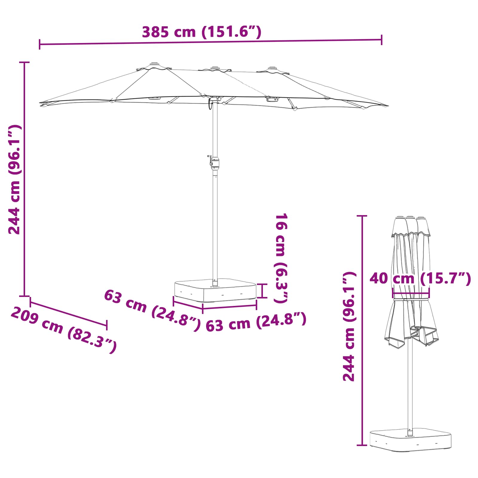 Garten-Sonnenschirm Anthrazit 385 x 209 x 244 cm Polyester