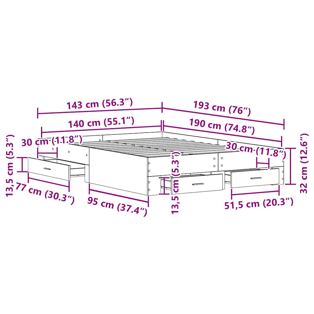 Bettrahmen mit Schubladen Altholz 140 x 190 cm Holzwerkstoff