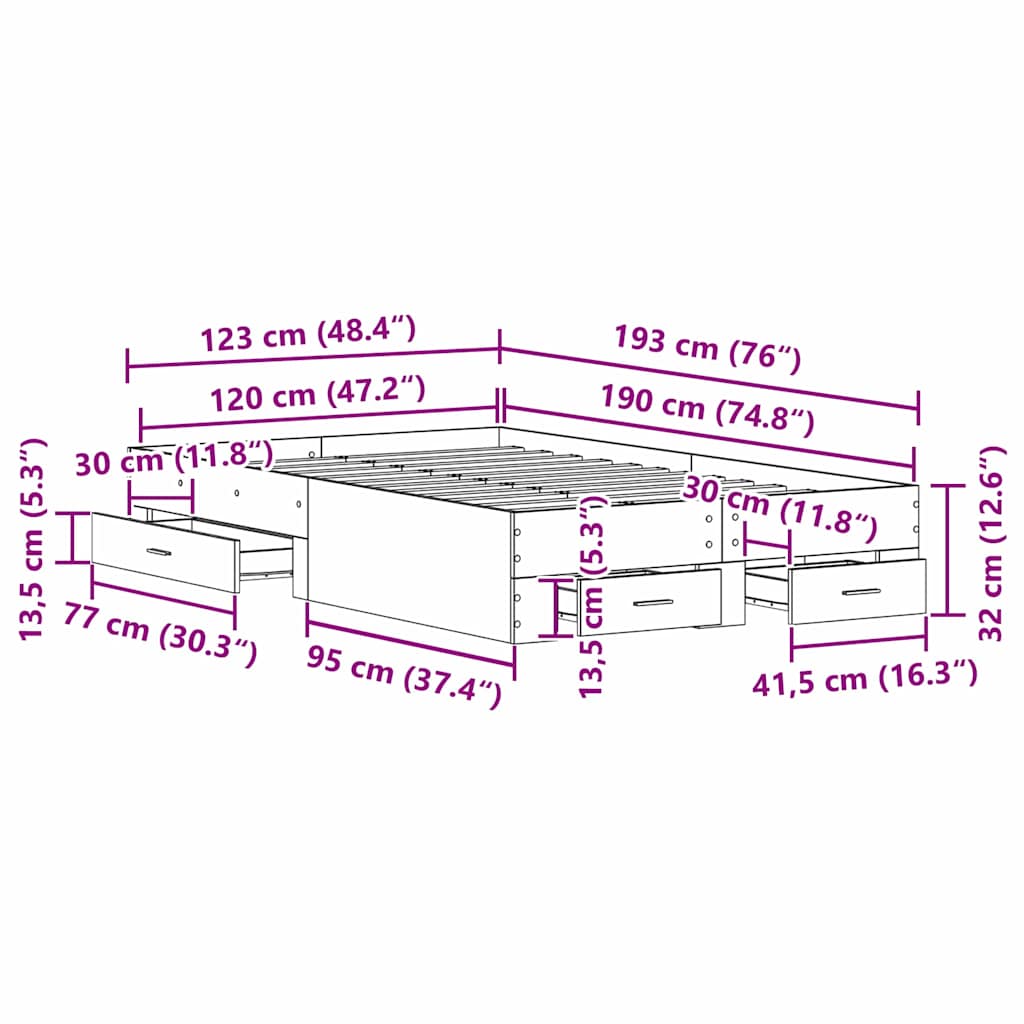 Bettgestell mit Schubladen Schwarz Eichen-Optik 120 x 190 cm
