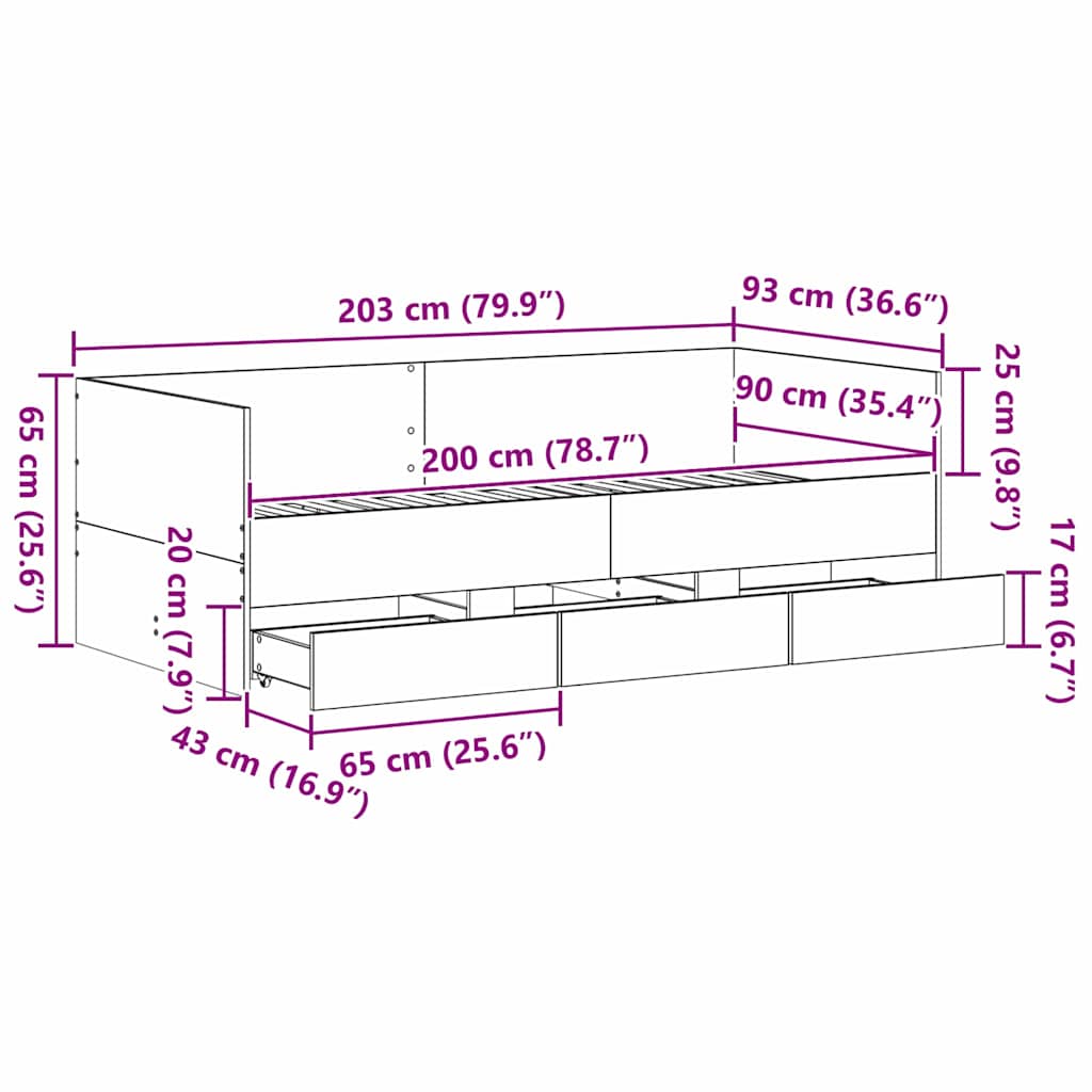 Tagesbett mit Schubladen Altholz 90 x 200 cm Holzwerkstoff