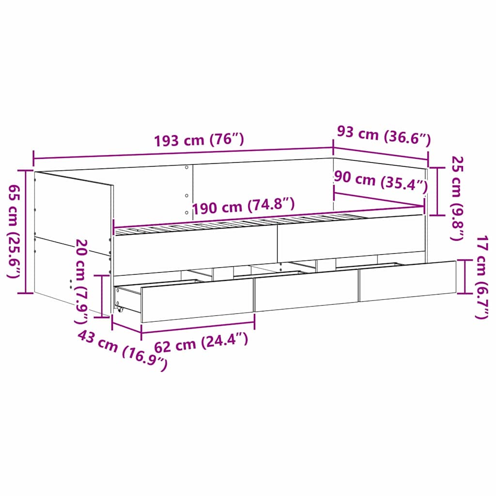 Tagesbett mit Schubladen Altholz 90 x 190 cm Holzwerkstoff