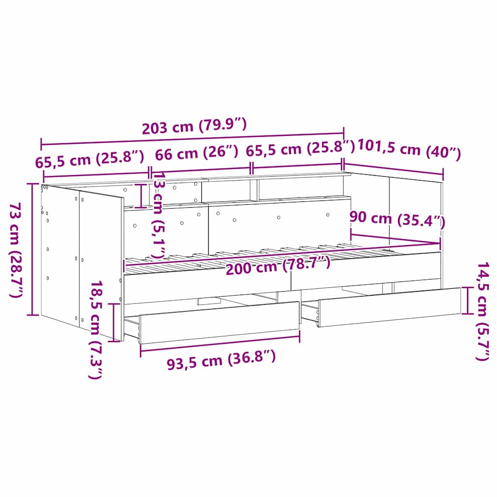 Tagesbett Schwarz Eichen-Optik 90 x 200 cm Holzwerkstoff