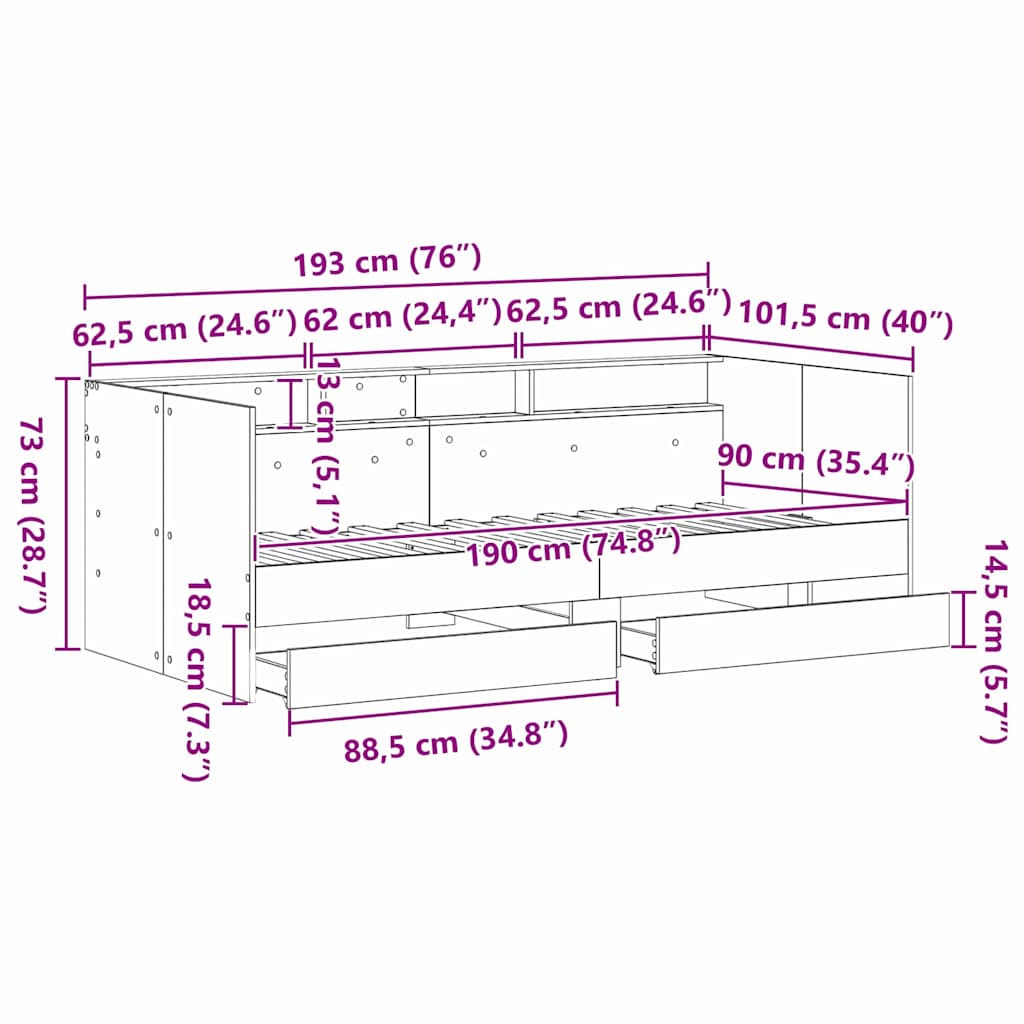 Tagesbett mit Regal Artisan-Eiche 90 x 190 cm Holzwerkstoff