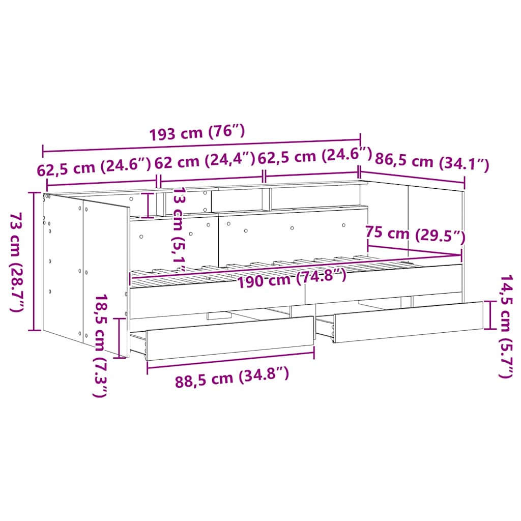 Tagesbett Schwarz Eichen-Optik 75 x 190 cm Holzwerkstoff