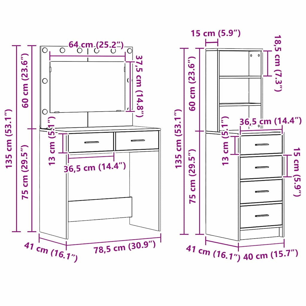 Schminktisch 2 Stk. Grau 78,5 x 41 x 135 cm Holzwerkstoff
