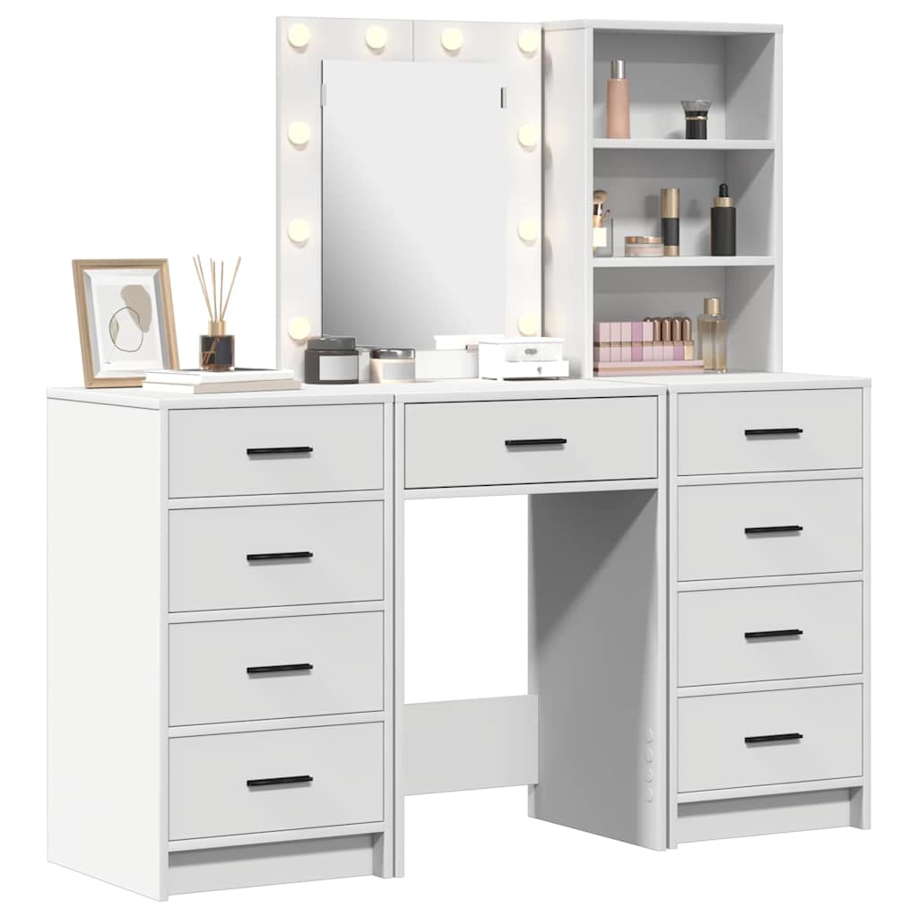 Schminktisch mit Spiegelbeleuchtung 3 pcs Weiß Holzwerkstoff