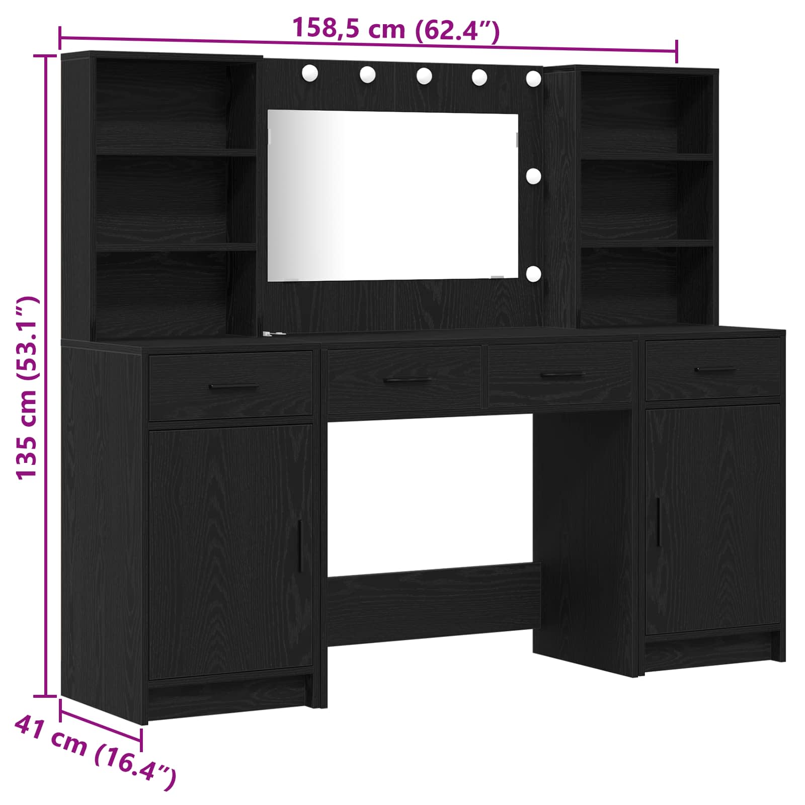 Schminktisch Set 3 pcs Schwarz Eichen-Optik Holzwerkstoff