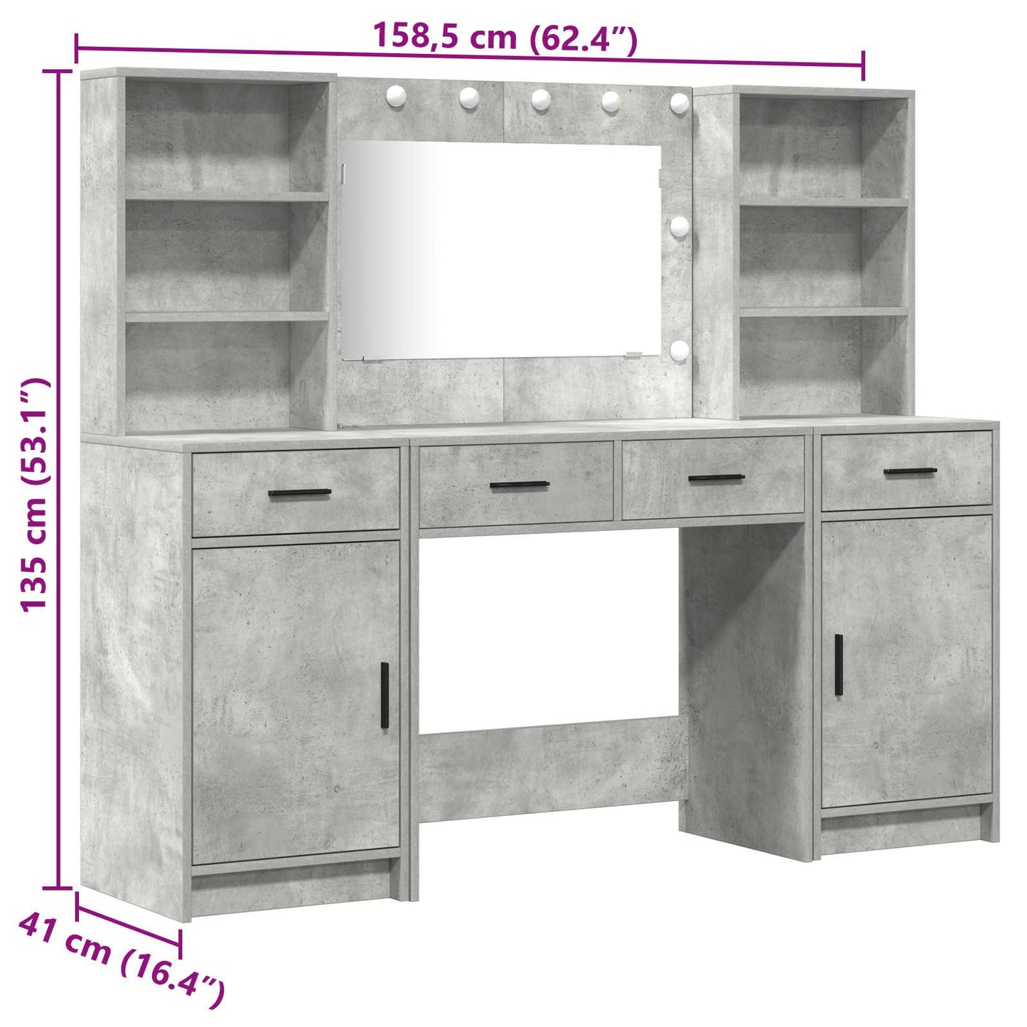 Schminktisch Set 3 stk. Beton Grau Holzwerkstoff