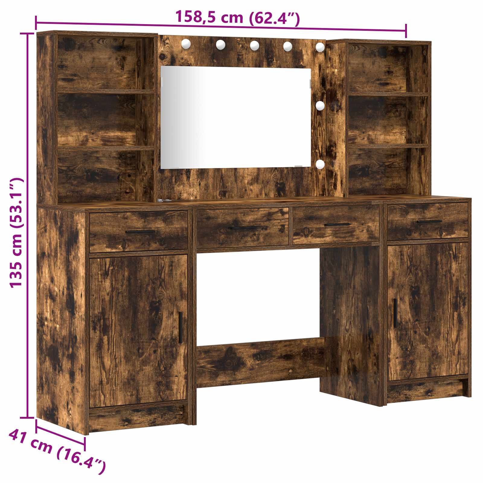 Schminktisch Set 3 stk. Geräucherte Eiche Holzwerkstoff