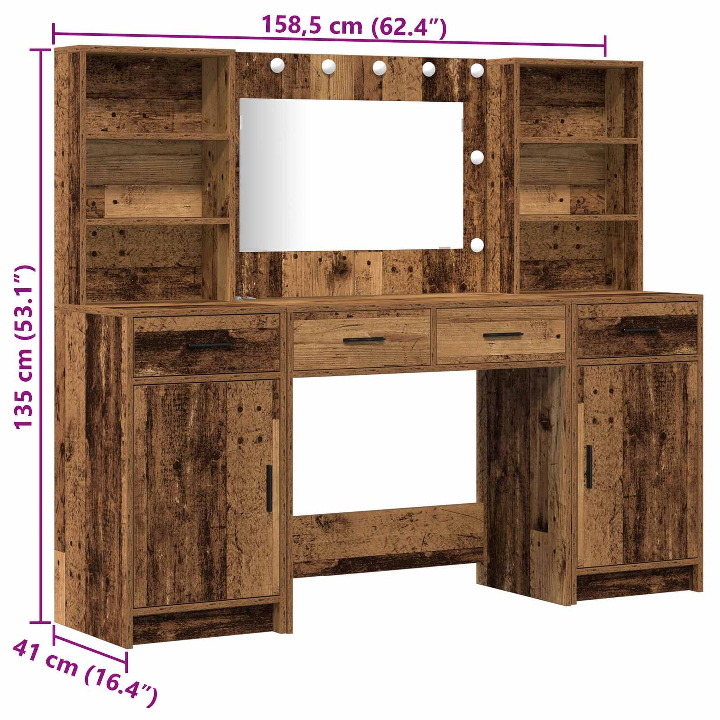 Schminktisch Set mit Schubladen 3 pcs Altholz Holzwerkstoff