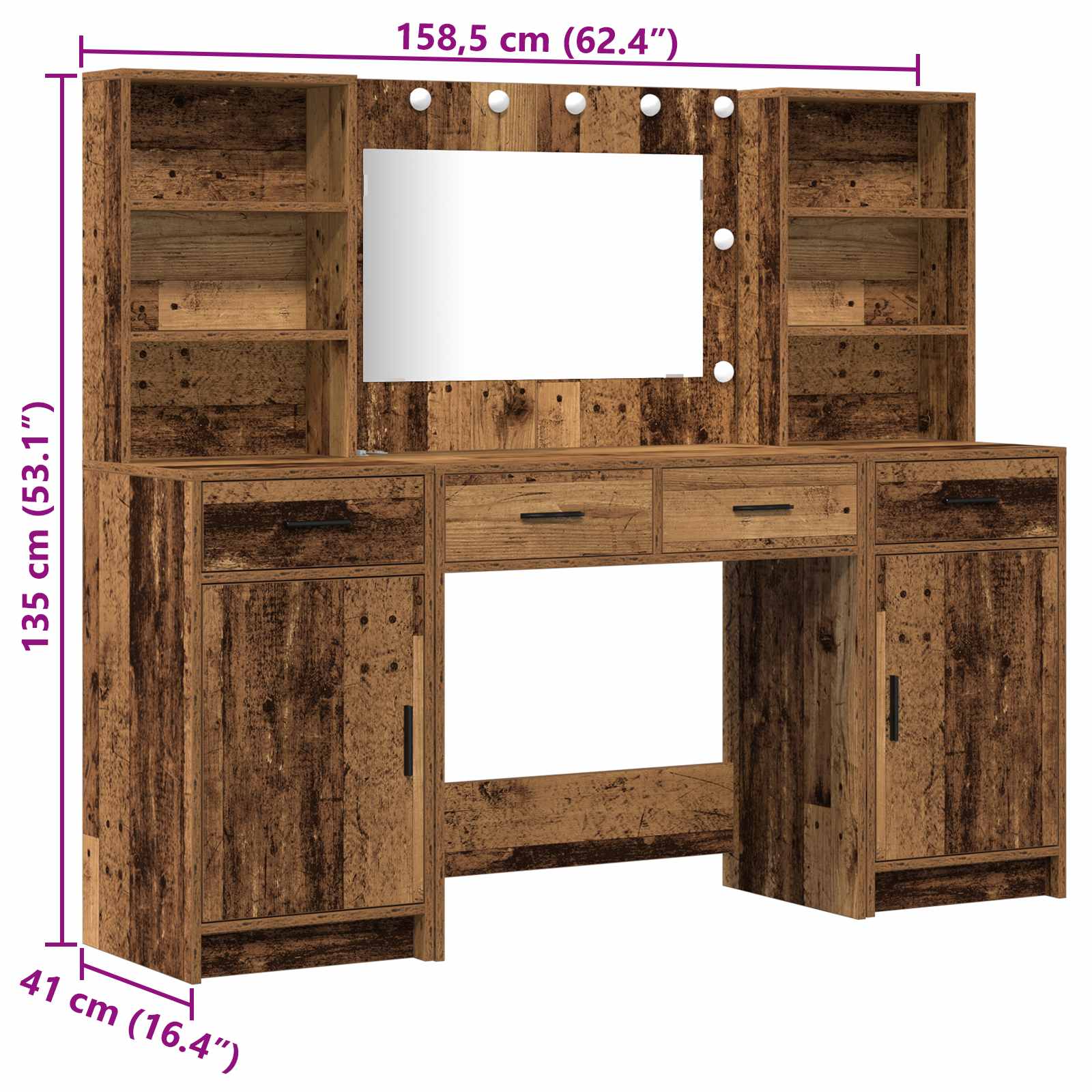 Schminktisch Set mit Schubladen 3 pcs Altholz Holzwerkstoff