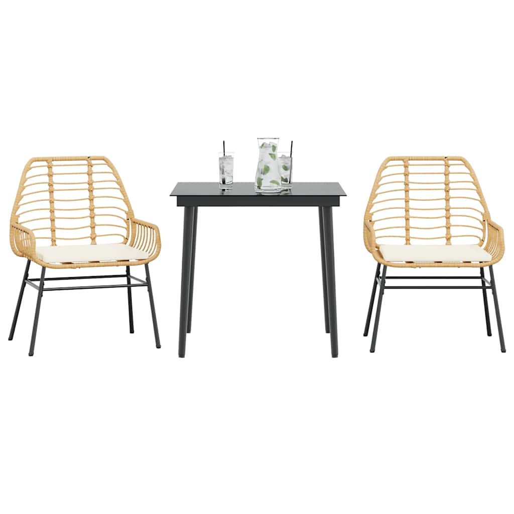 3-tlg. Garten-Essgruppe mit Kissen Braun Poly Rattan Glas