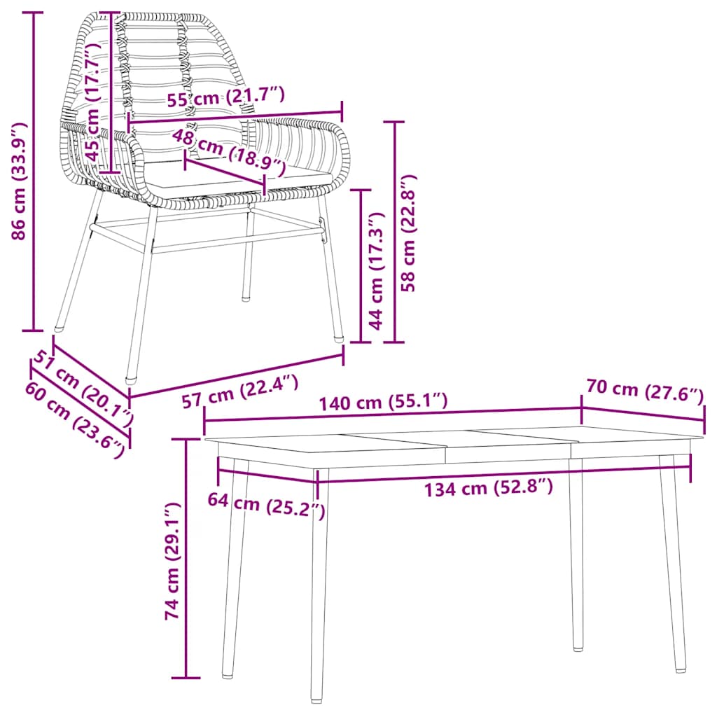 5-tlg. Garten-Essgruppe mit Kissen Braun Poly Rattan Glas