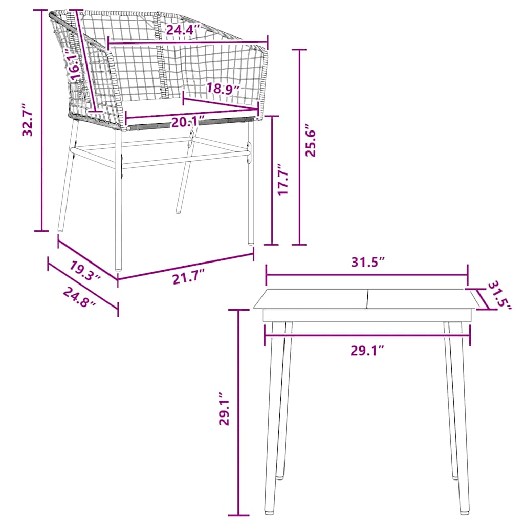 3-tlg. Garten-Essgruppe mit Kissen Braun Poly Rattan Glas