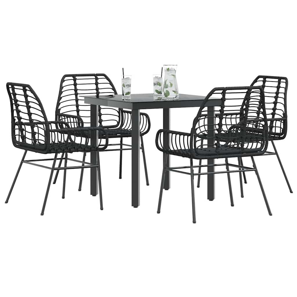 5-Tlg. Garten-Essgruppe Mit Kissen Schwarz Poly Rattan Glas