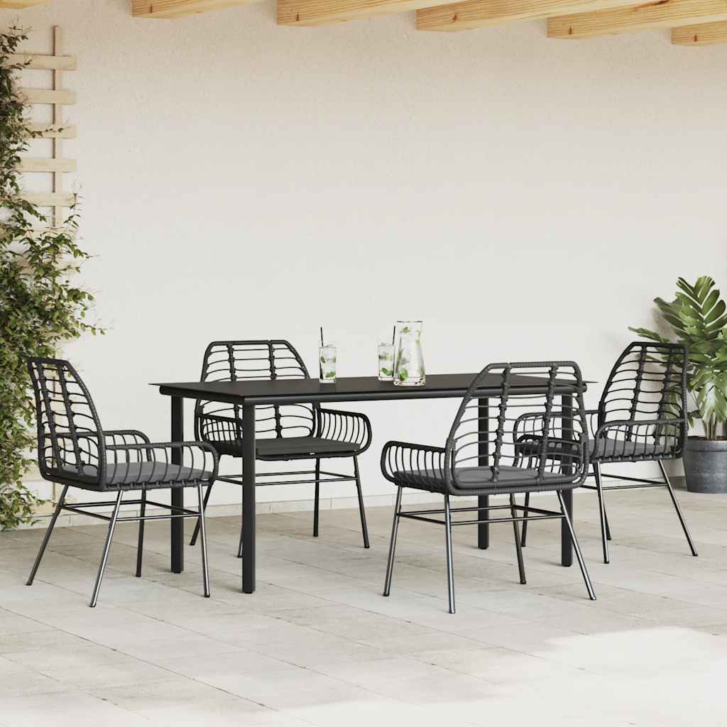 5-Tlg. Garten-Essgruppe Mit Kissen Schwarz Poly Rattan Glas
