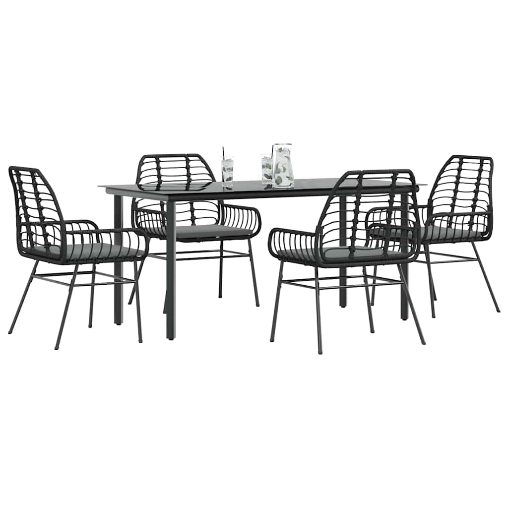5-Tlg. Garten-Essgruppe Mit Kissen Schwarz Poly Rattan Glas