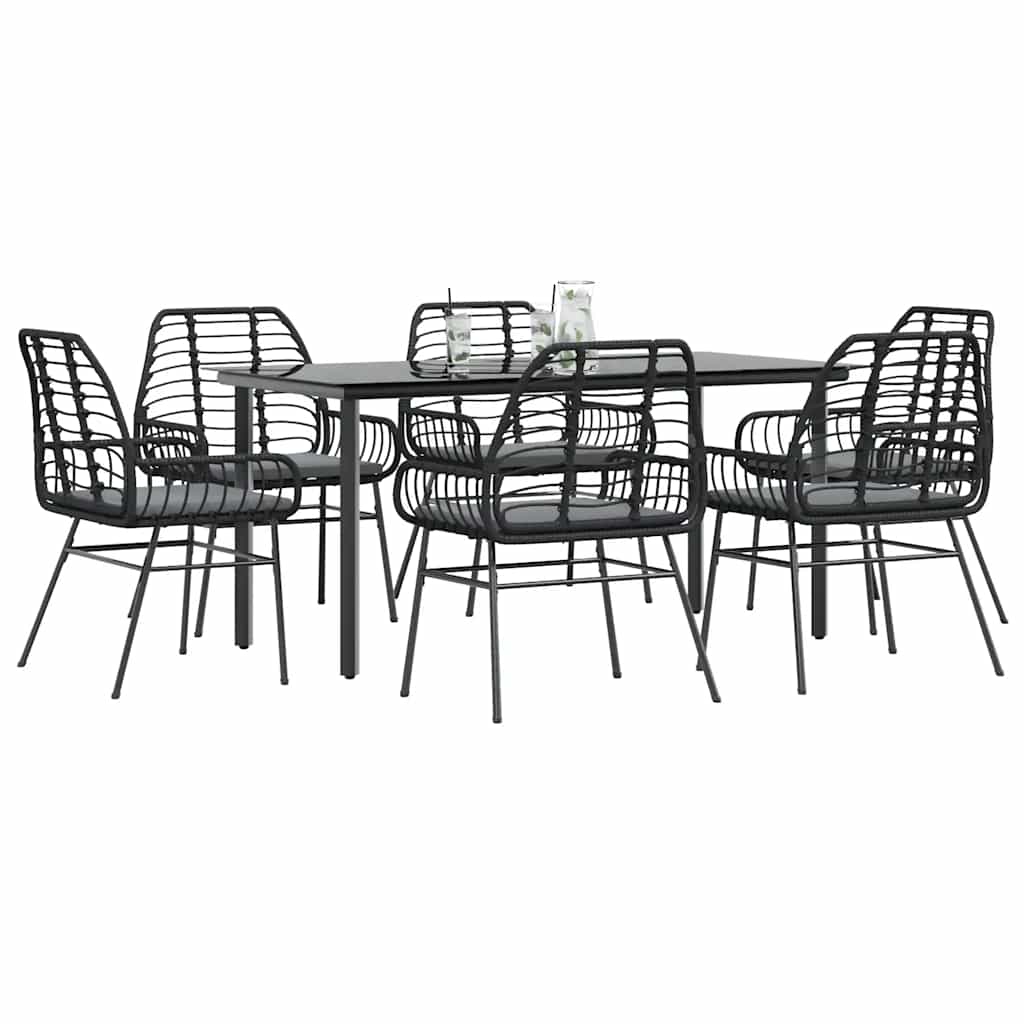 5-Tlg. Garten-Essgruppe Mit Kissen Schwarz Poly Rattan Glas