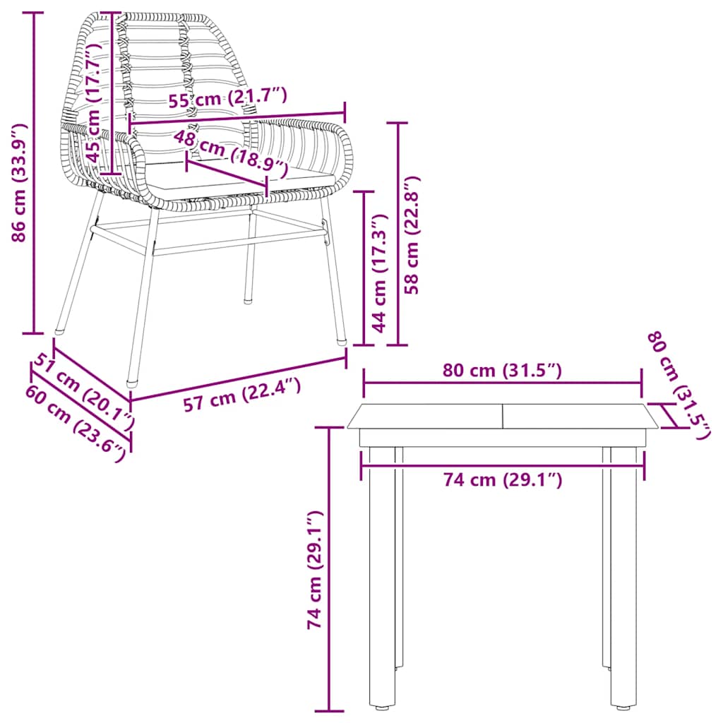 3-tlg. Garten-Essgruppe mit Kissen Braun Poly Rattan Glas
