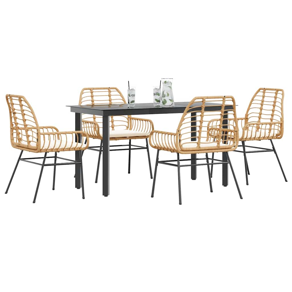 5-Tlg. Garten-Essgruppe Mit Kissen Schwarz Poly Rattan Glas