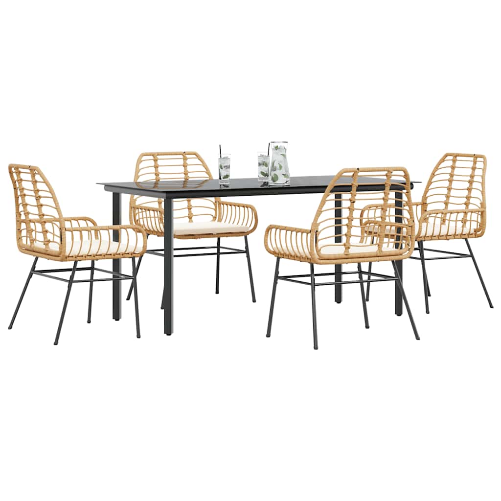 5-Tlg. Garten-Essgruppe Mit Kissen Schwarz Poly Rattan Glas