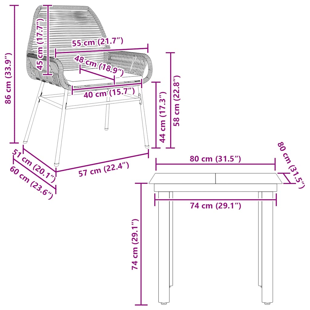 3-tlg. Garten-Essgruppe mit Kissen Schwarz Poly Rattan Glas