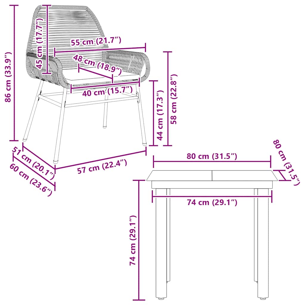 3-tlg. Garten-Essgruppe mit Kissen Grau Poly Rattan Glas