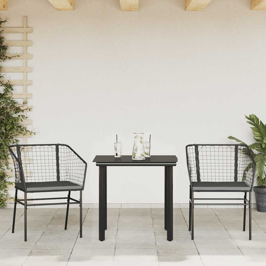 3-tlg. Garten-Essgruppe mit Kissen Schwarz Poly Rattan Glas