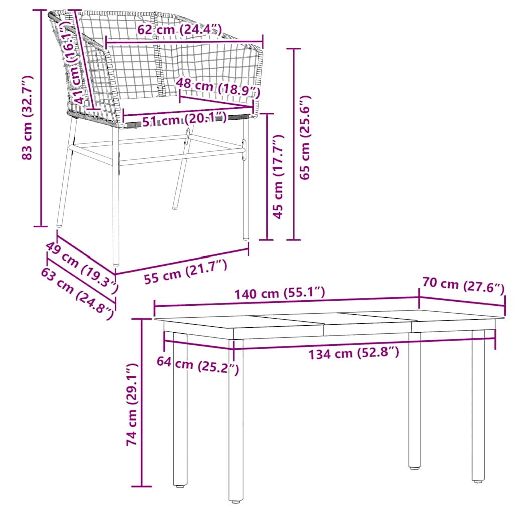 5-tlg. Garten-Essgruppe mit Kissen Schwarz Poly Rattan Glas