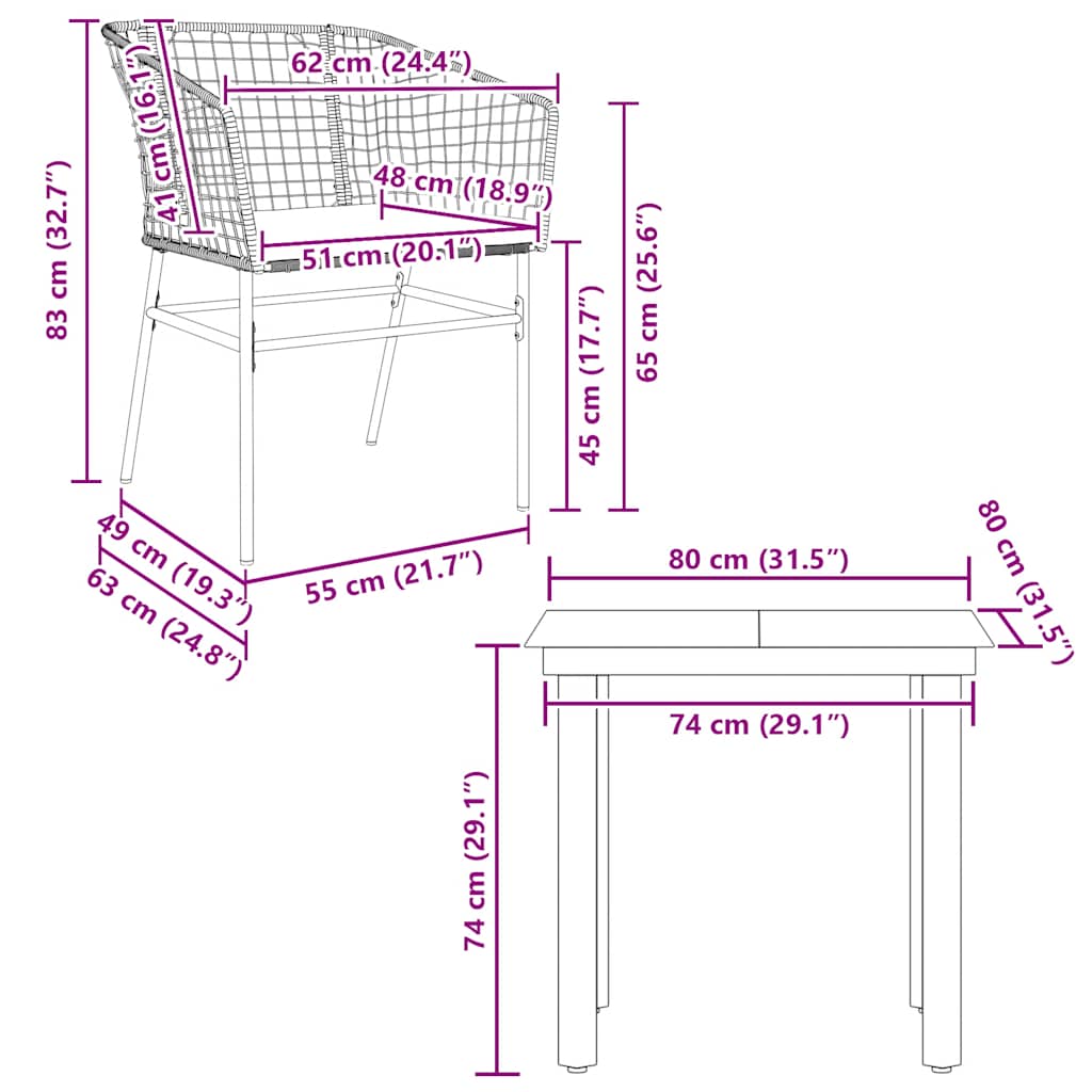 3-tlg. Garten-Essgruppe mit Kissen Braun Poly Rattan Glas