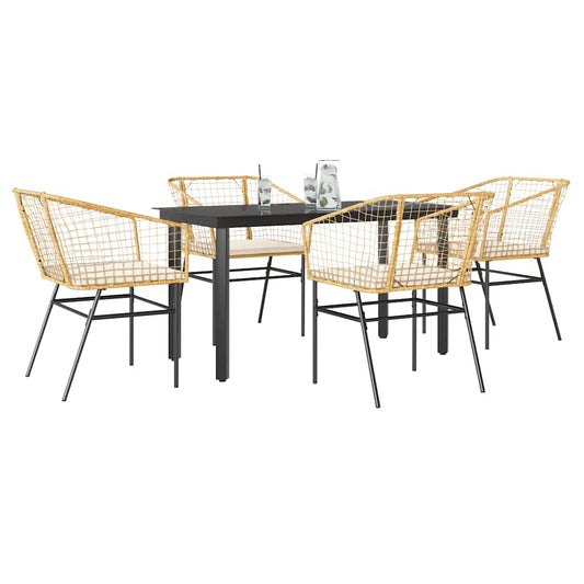 5-tlg. Garten-Essgruppe mit Kissen Braun Poly Rattan Glas