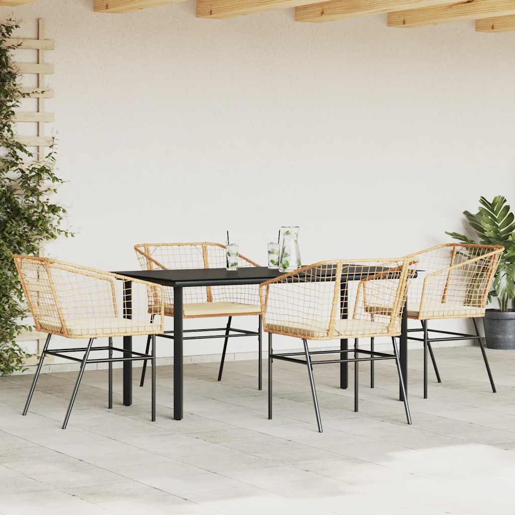 5-tlg. Garten-Essgruppe mit Kissen Braun Poly Rattan Glas