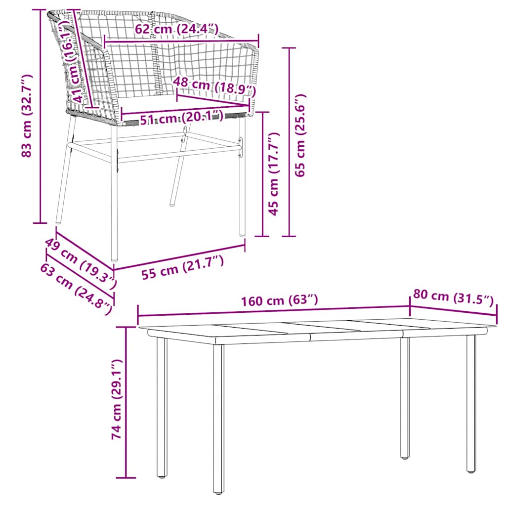 5-tlg. Garten-Essgruppe mit Kissen Braun Poly Rattan Glas