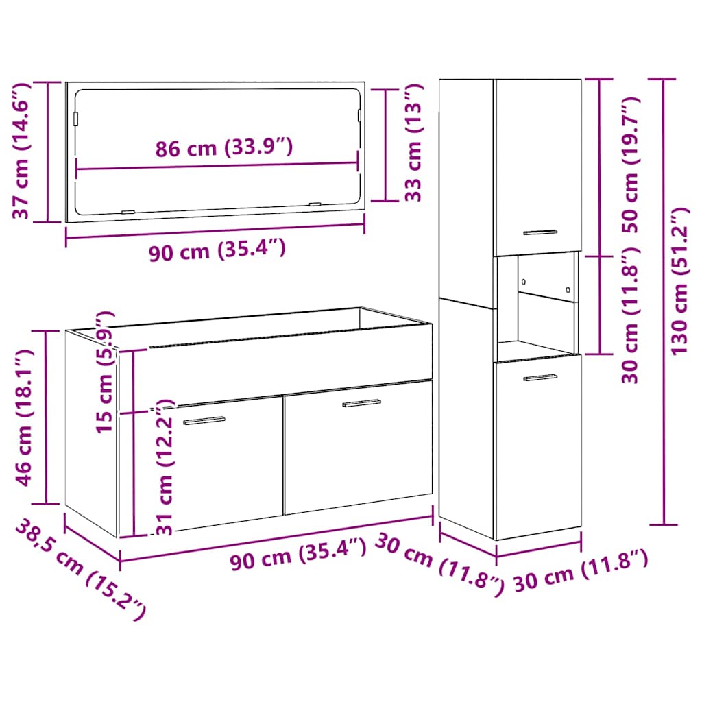 Badezimmermöbel-Set 3 pcs Schwarz Eichen-Optik Holzwerkstoff