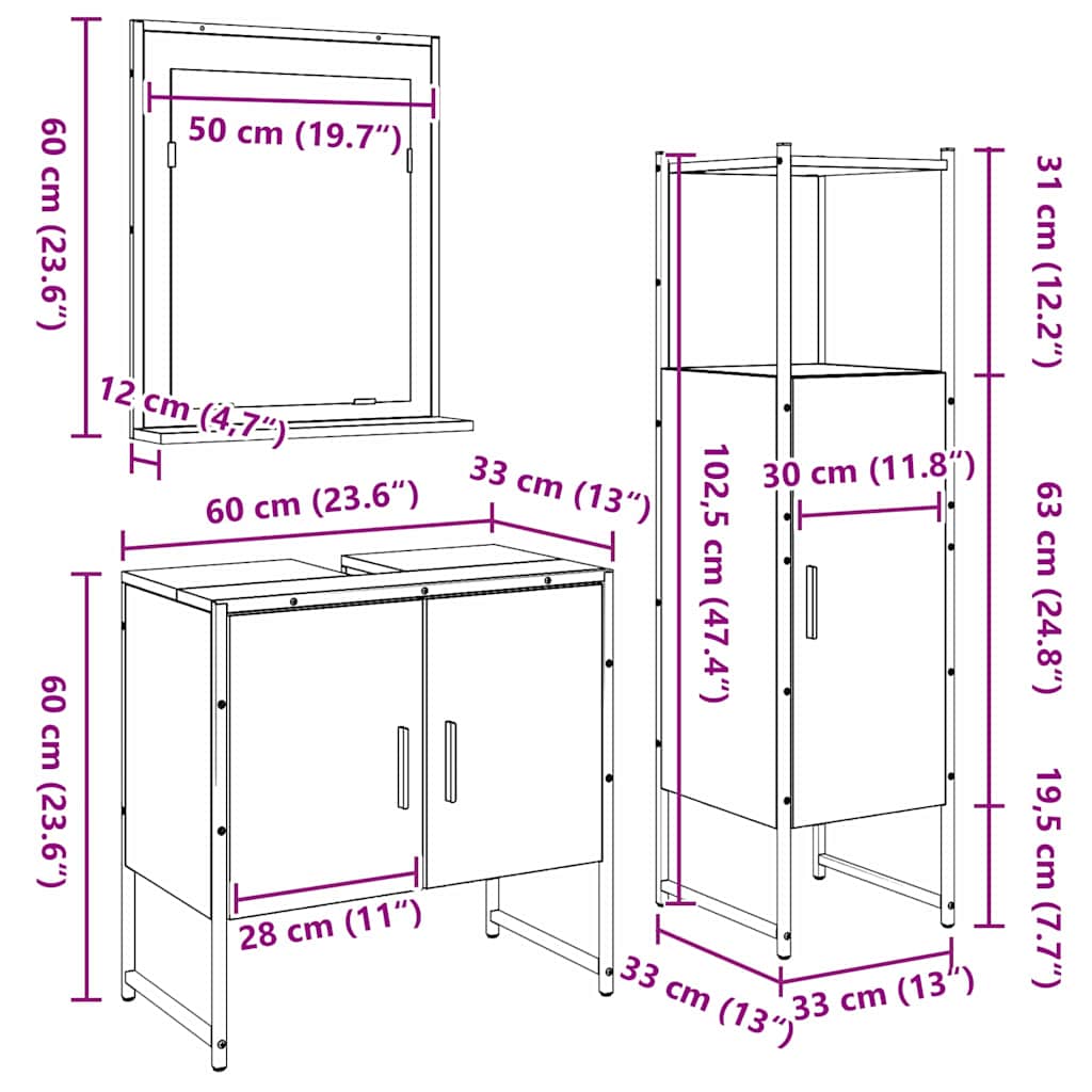 Badezimmermöbel-Set 3 stk. Braun 33 x 33 x 102,5 cm