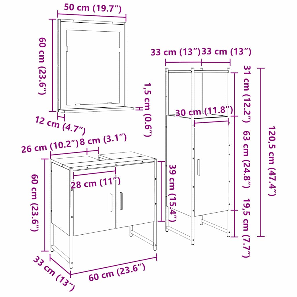 Badezimmermöbel-Set 3 stk. Schwarz 33 x 33 x 102,5 cm