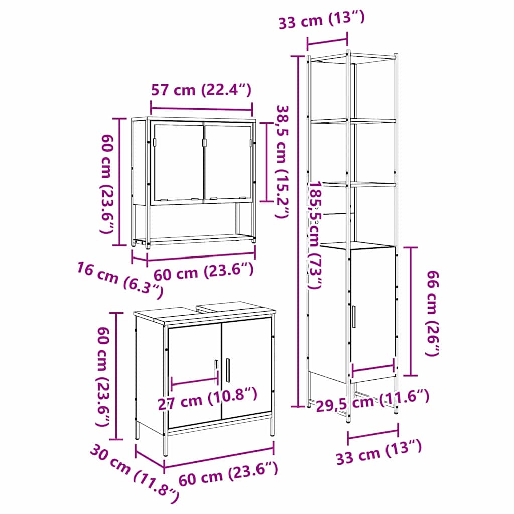 Badezimmermöbel-Set 3 stk. Braun 33 x 33 x 185,5 cm
