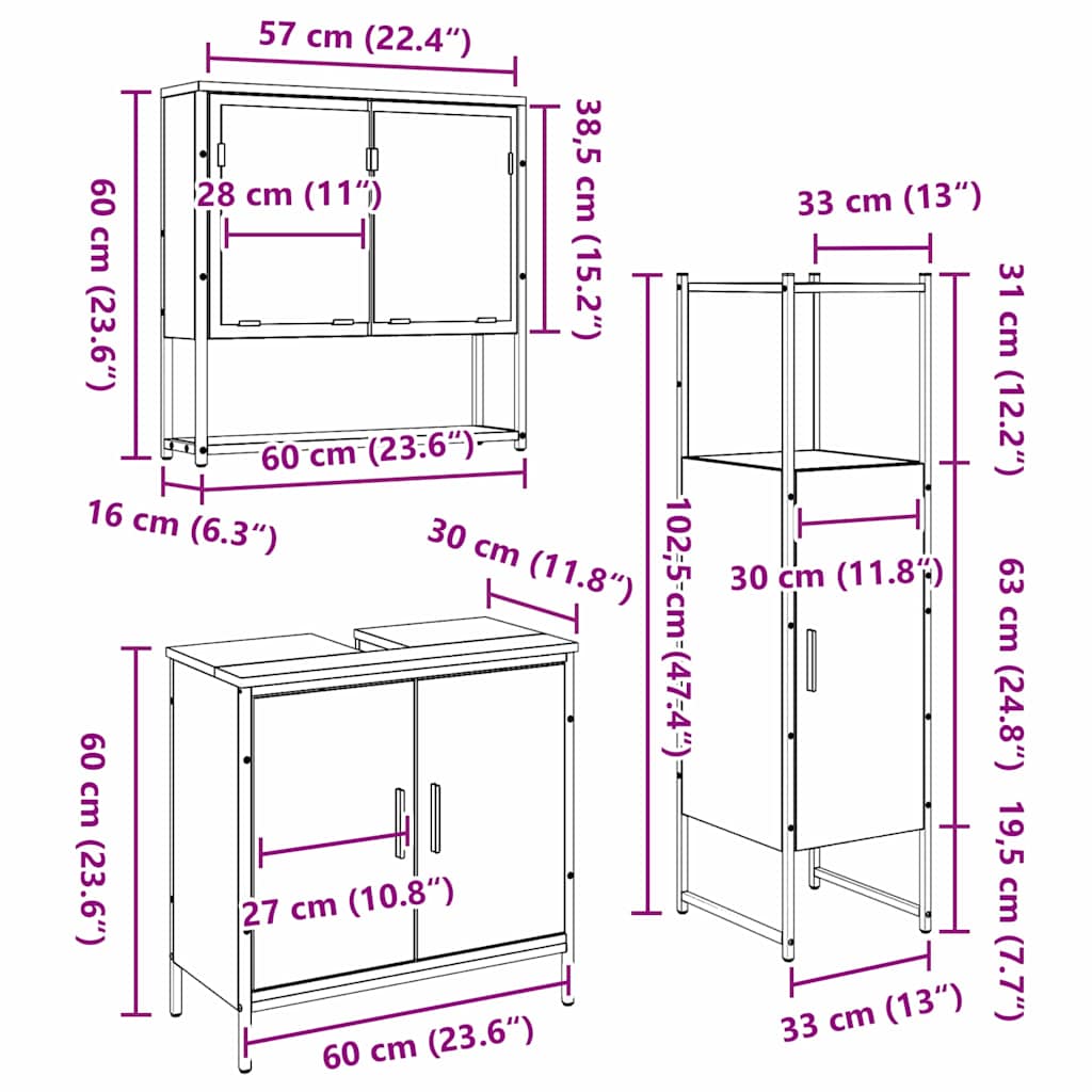 Badezimmermöbel-Set 3 stk. Braun 33 x 33 x 113,5 cm