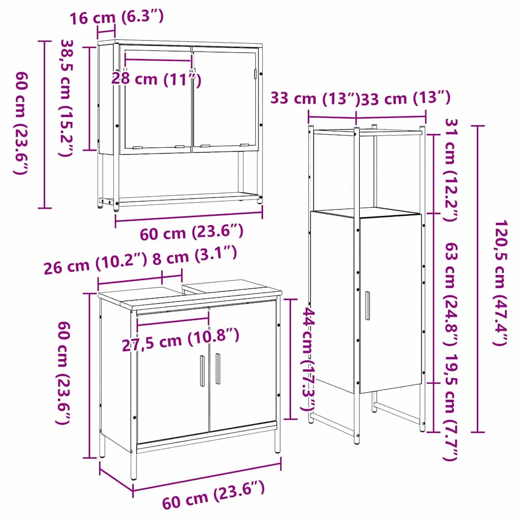 Badezimmermöbel-Set 3 stk. Schwarz 33 x 33 x 113,5 cm