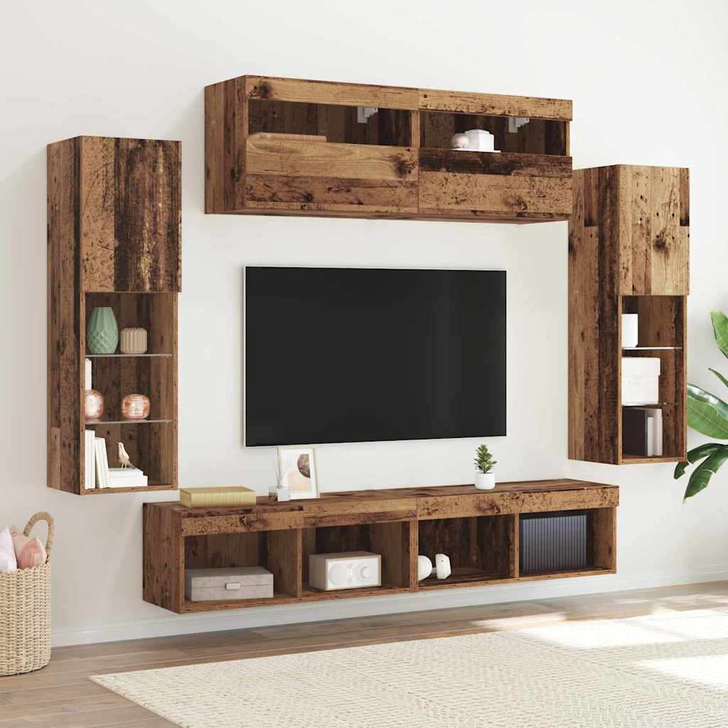 TV-Schrankset mit LED-Lichtleisten 6 pcs Altholz Holzwerkstoff